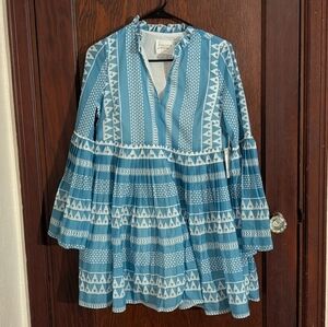 New With Tags HYACINTH HOUSE Blue & White Bell Sleeved Blaine Mini Dress Size XS